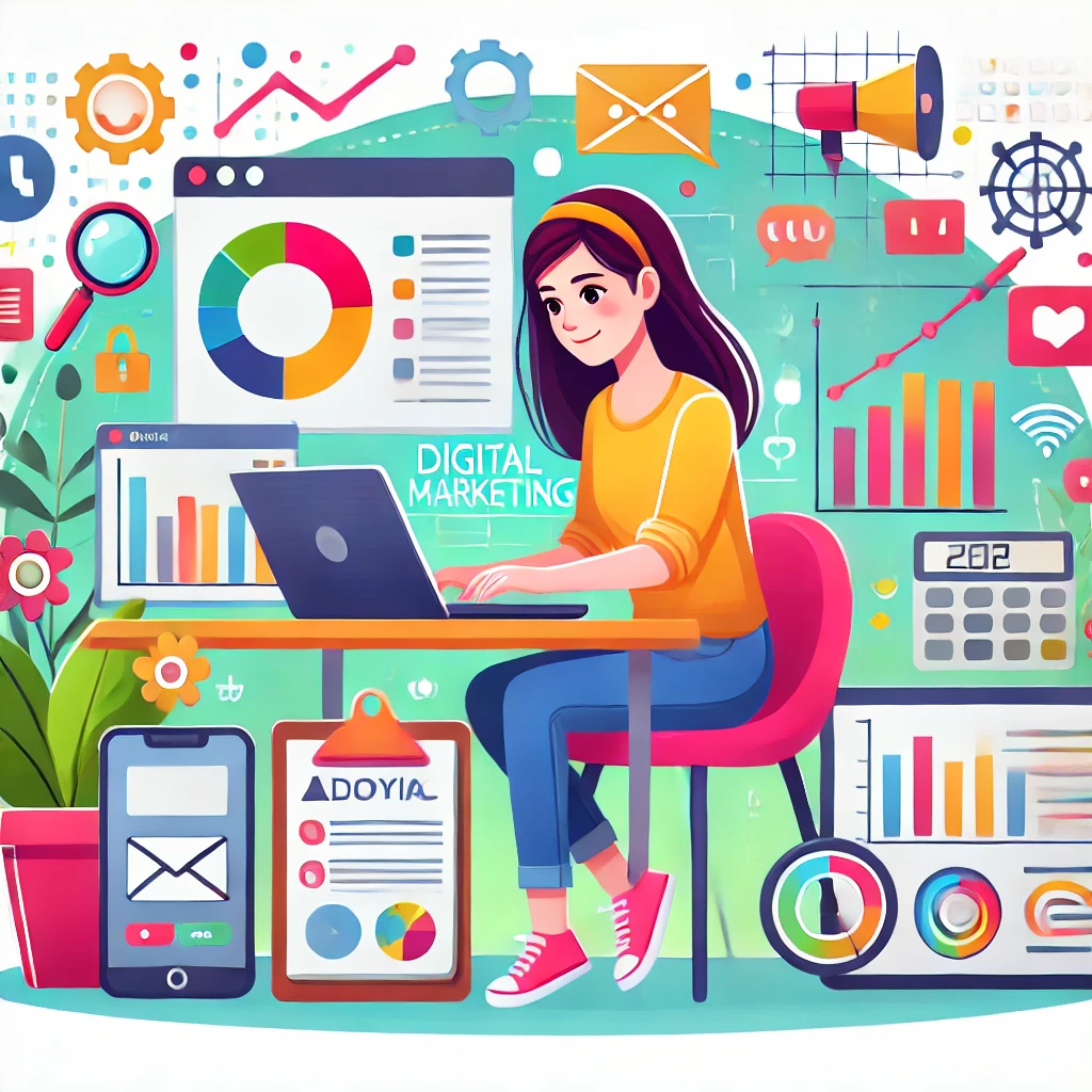 DALL·E 2024-09-24 19.21.38 - A vector illustration of a young girl involved in digital marketing. The scene includes modern elements like a laptop, smartphone, analytics graphs, a